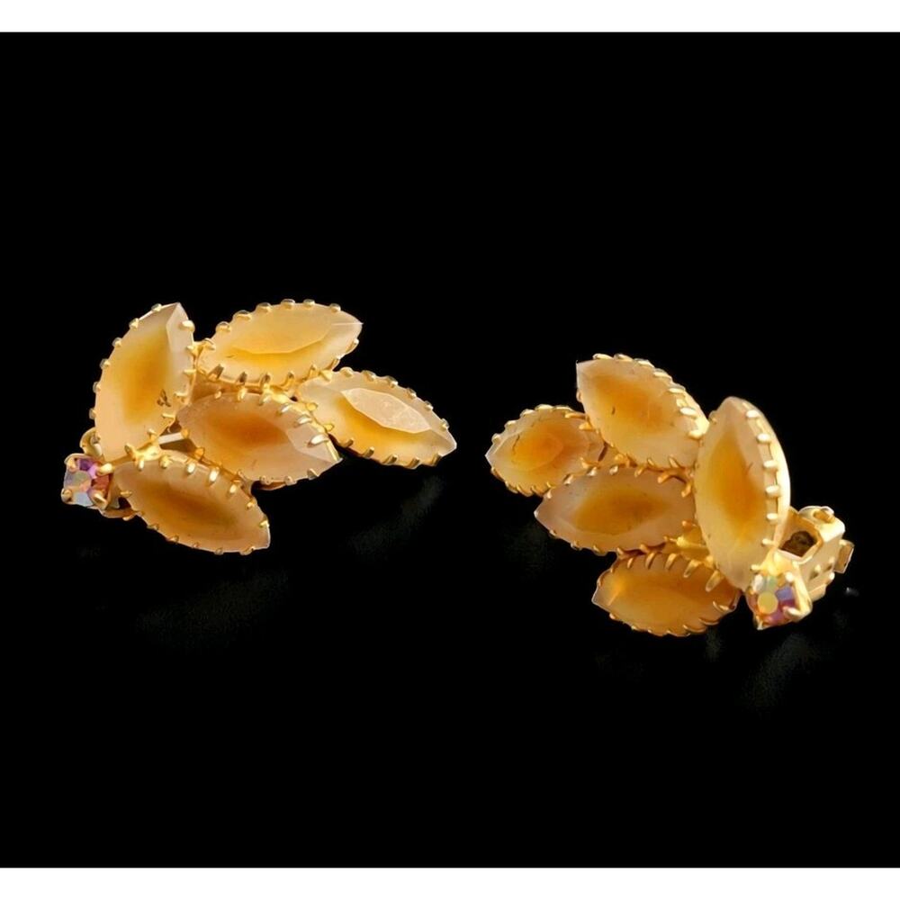 Vintage Frosted Glass Rhinestone Clip On Earrings, Amber Orange Tan, 1.25" bc-55